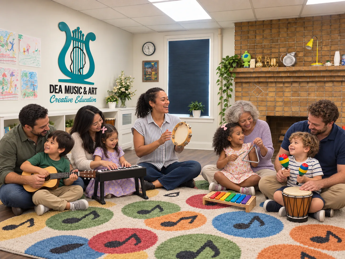 Parents and young children making music together