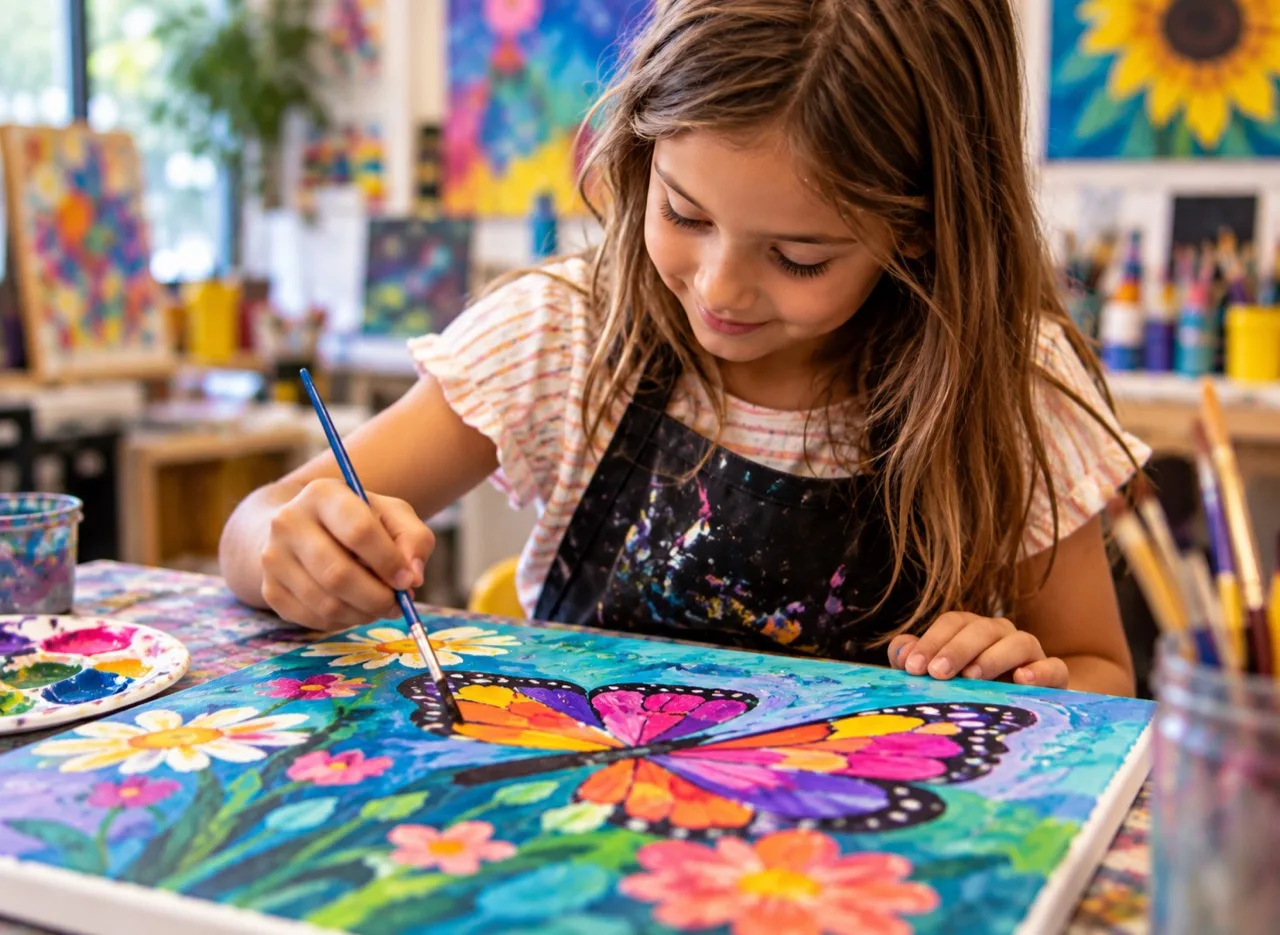 Student painting a butterfly in an art studio